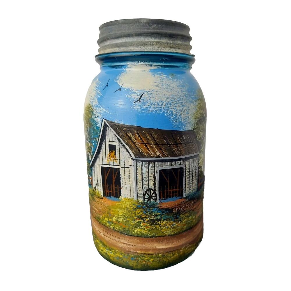 Ball Painted Quart Mason Jar Folk Art Signed Muhen Barn Country Farm Scene VTG